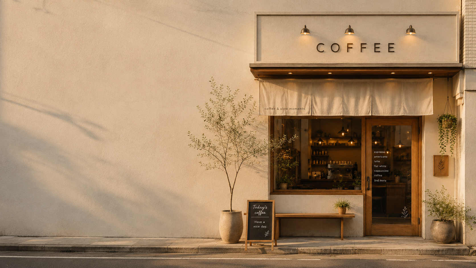 hygge coffeeの外観。クリーム色のひさしと木の扉