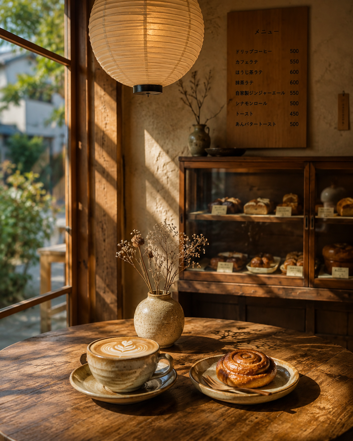 hygge coffeeの店内。木のぬくもりとやわらかい光に包まれたテーブル席。